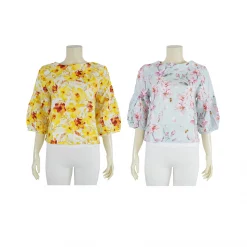 เสื้อคอกลม แขน 4 ส่วน ผ้าลินิน ลายดอกไม้