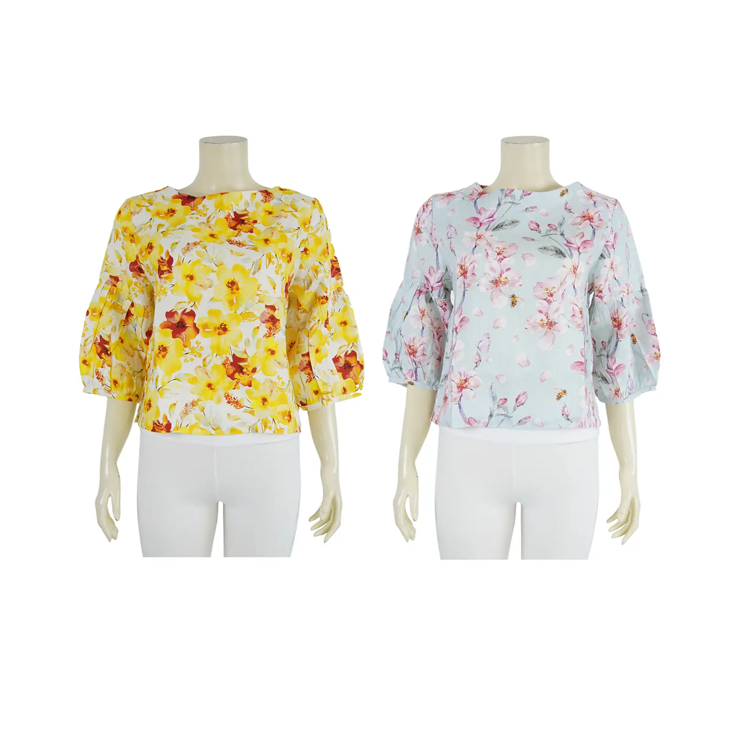 เสื้อคอกลม แขน 4 ส่วน ผ้าลินิน ลายดอกไม้