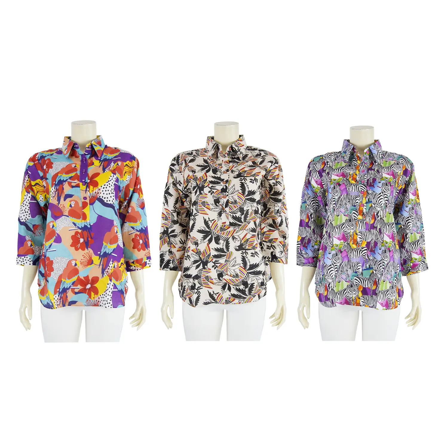 เสื้อคอปก แขน 5 ส่วน ผ้าลินิน ลายสัตว์
