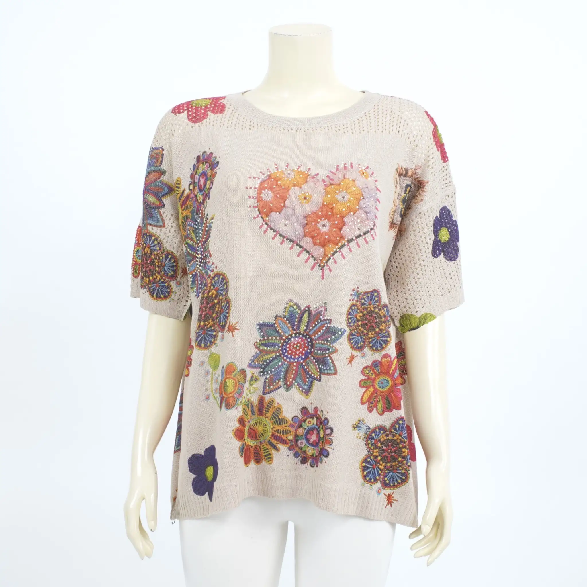 เสื้อคอกลม แขนสั้น ผ้าลินินผสมคอตตอน ลายดอกไม้ แต่งคริสตัล