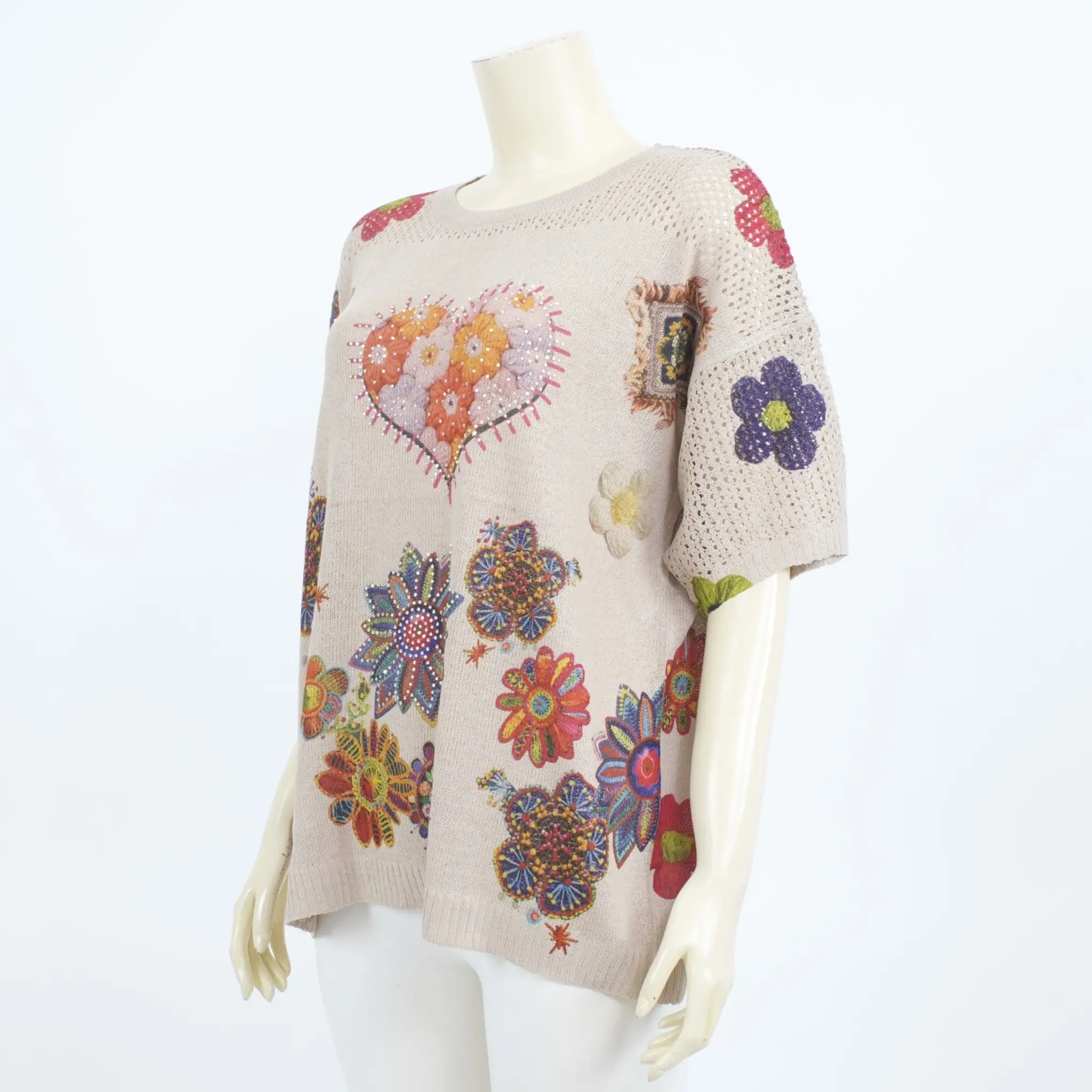 เสื้อคอกลม แขนสั้น ผ้าลินินผสมคอตตอน ลายดอกไม้ แต่งคริสตัล - Image 2