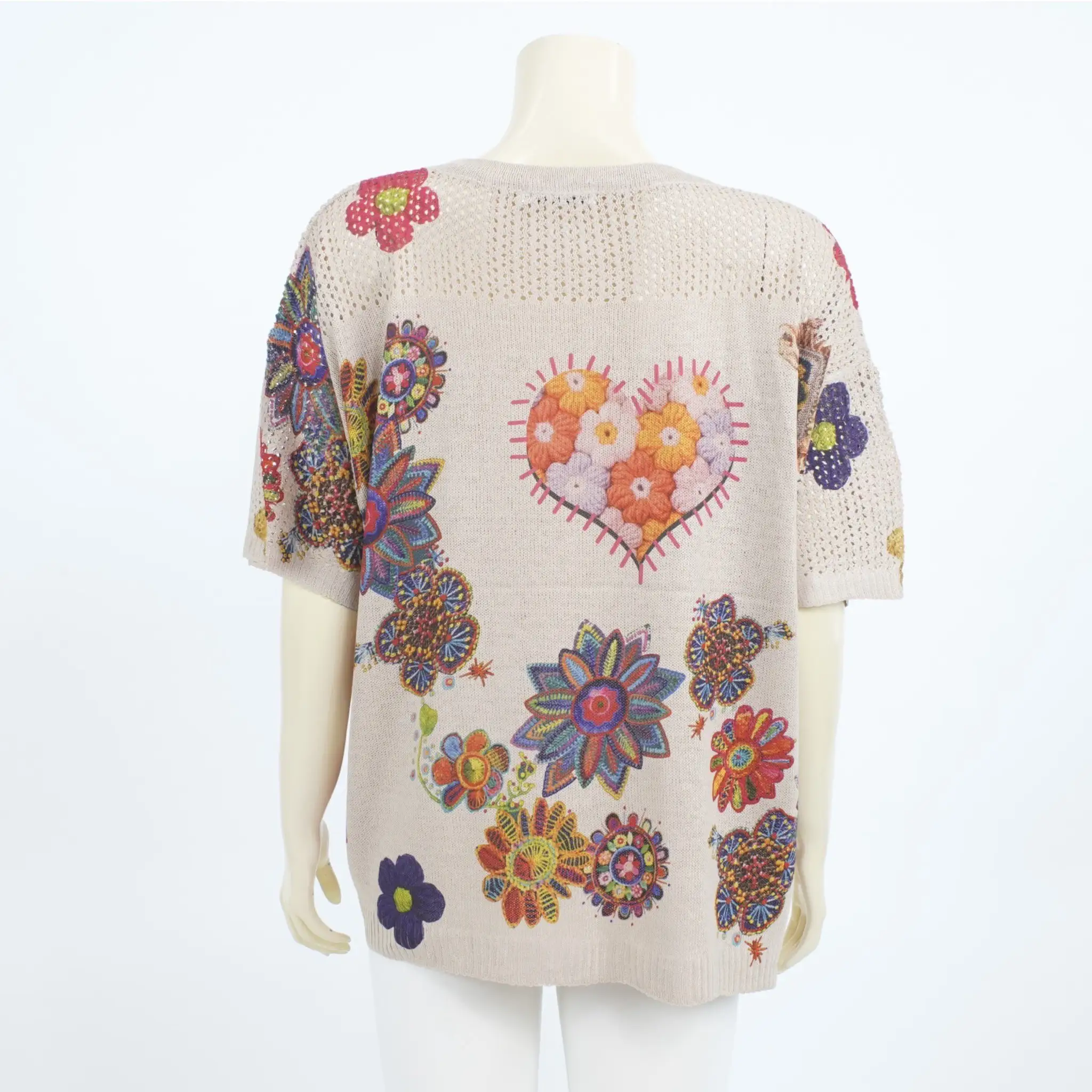เสื้อคอกลม แขนสั้น ผ้าลินินผสมคอตตอน ลายดอกไม้ แต่งคริสตัล - Image 3