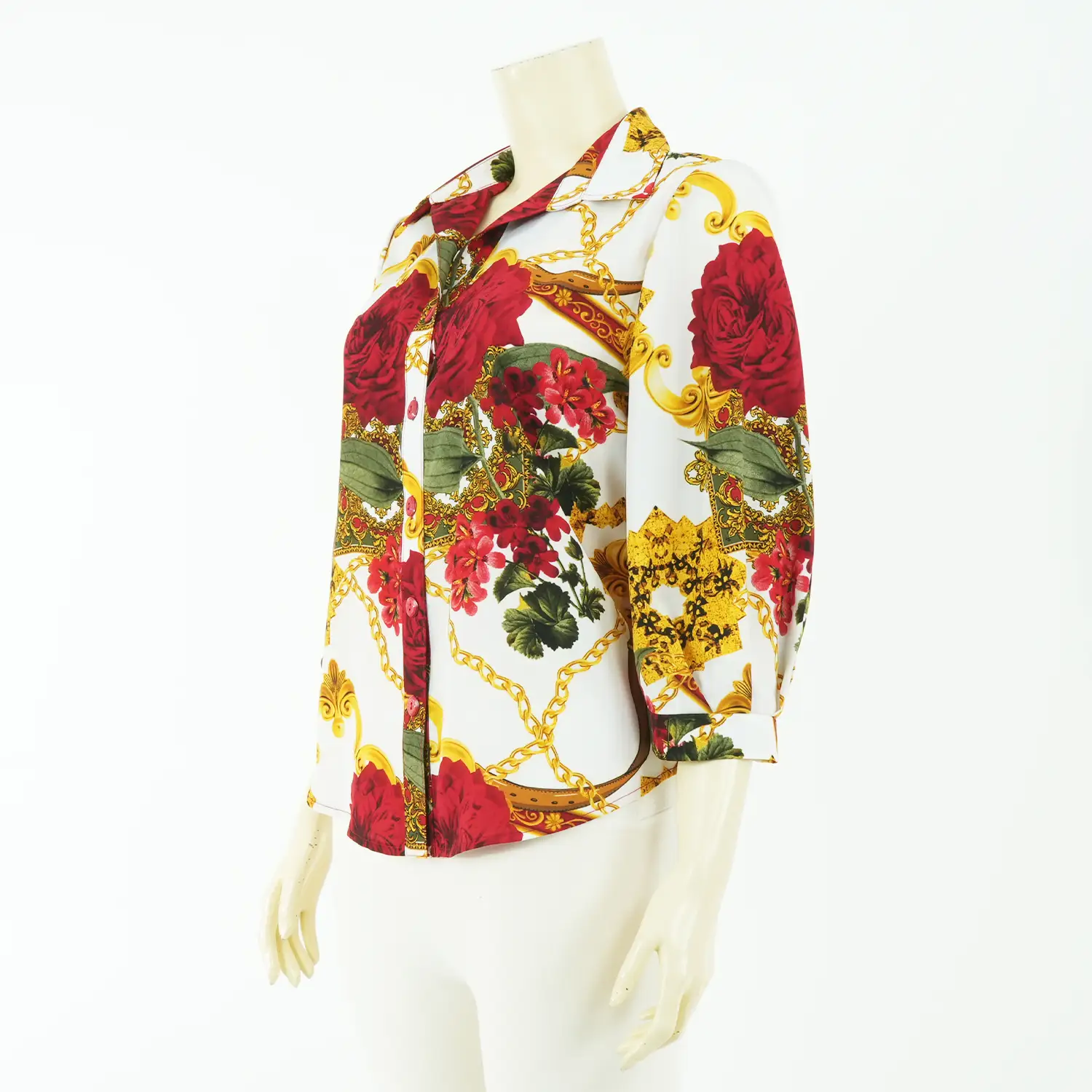 เสื้อเชิ้ตแขนพอง 4 ส่วนลายกุหลาบและโซ่ - Image 3