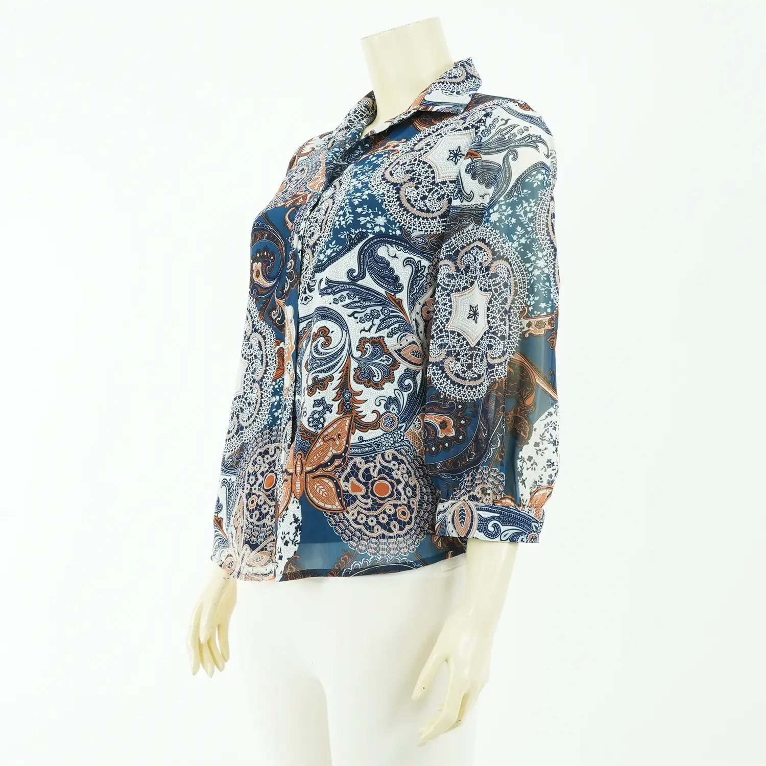 เสื้อเชิ้ตแขนพอง 4 ส่วนผ้าลายสไตล์วินเทจและผีเสื้อ - Image 3