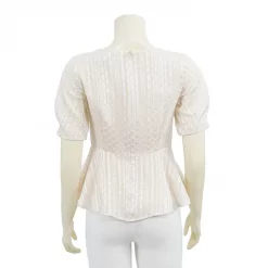 เสื้อคอวีแขนสั้นทรงแขนพองตัดต่อระบายจับจีบช่วงเอวผ้าแต่งลายลูกโซ่ - Image 2