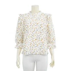 เสื้อคอตั้งแขนพอง 5 ส่วนเสริมระบายรัฟเฟิลผ้าลายดอกไม้