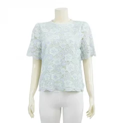 เสื้อคอกลมแขนกระบอกสั้นผ้าลูกไม้ลายดอกไม้สไตล์ทูโทน