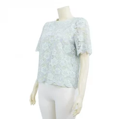 เสื้อคอกลมแขนกระบอกสั้นผ้าลูกไม้ลายดอกไม้สไตล์ทูโทน - Image 3