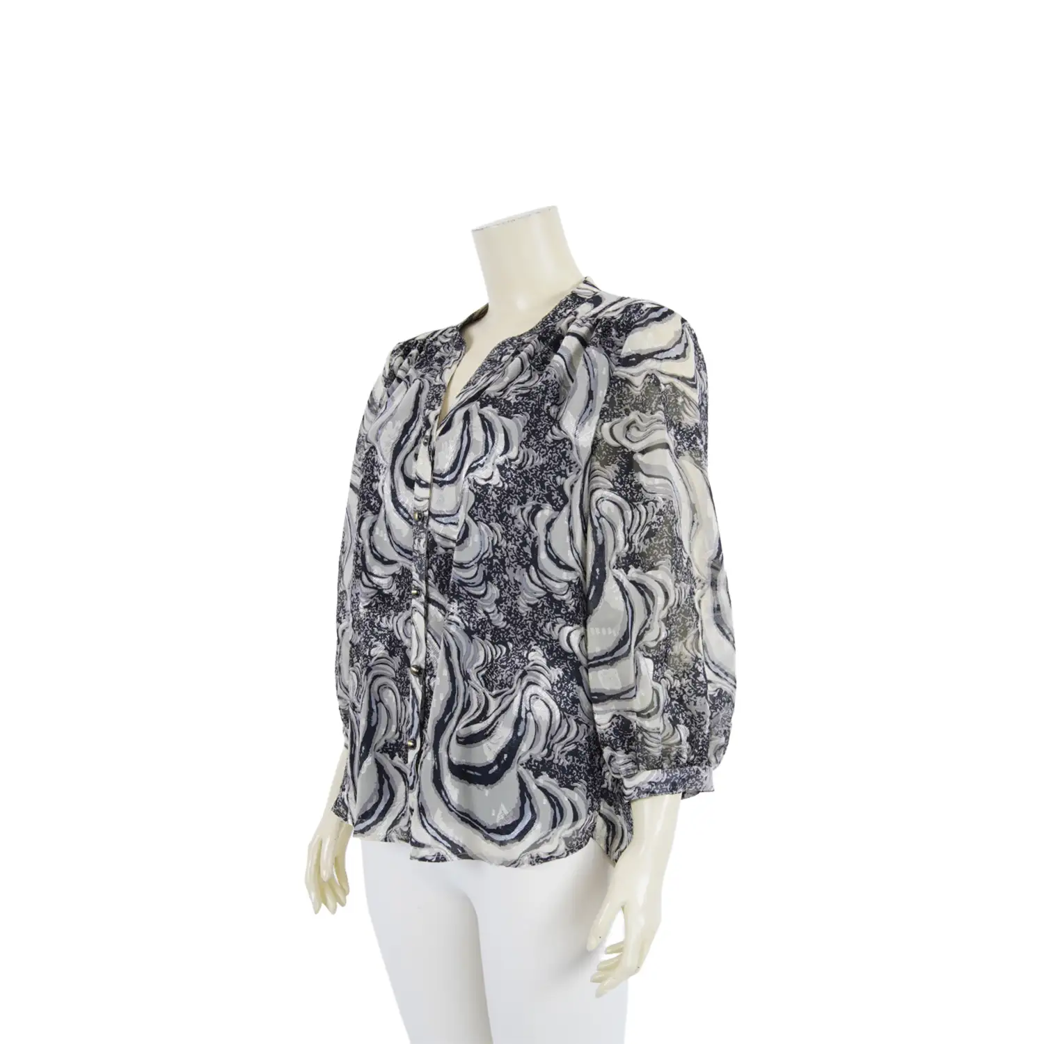 เสื้อคอกลม ผ่ารูปตัววี แขนพอง 5 ส่วนผ้าชีฟองลายหินอ่อน - Image 2