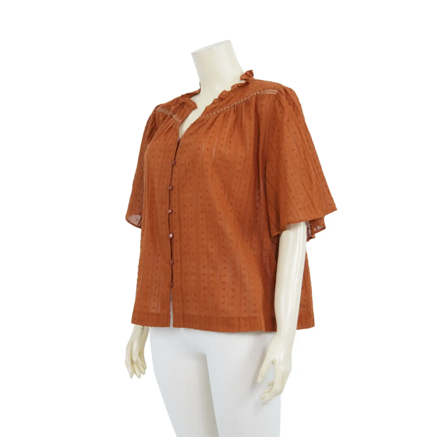 เสื้อคอตั้งแบบระบายแขนสั้นทรงแขนบานเนื้อผ้าทอลาย 3 มิติ - Image 2