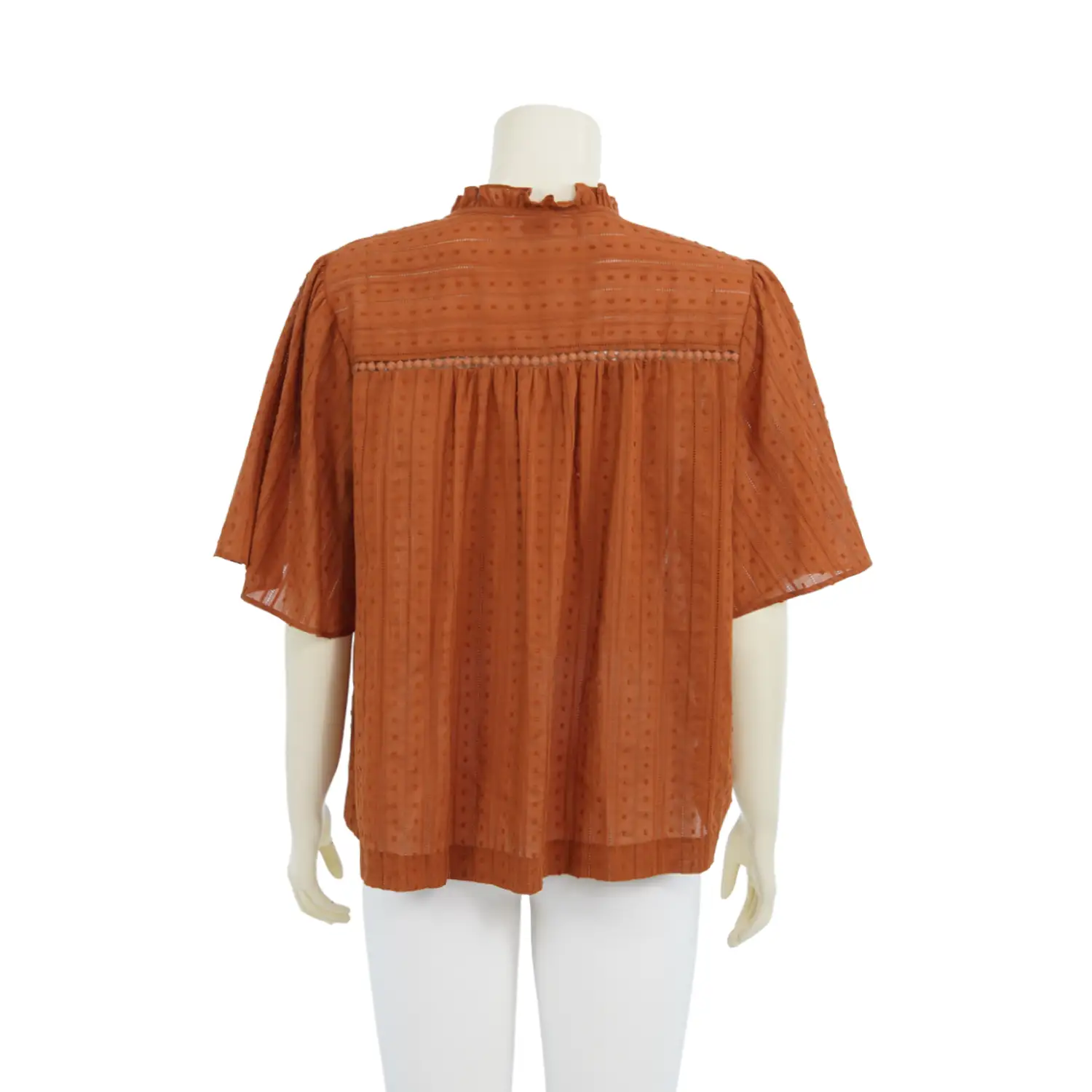เสื้อคอตั้งแบบระบายแขนสั้นทรงแขนบานเนื้อผ้าทอลาย 3 มิติ - Image 3
