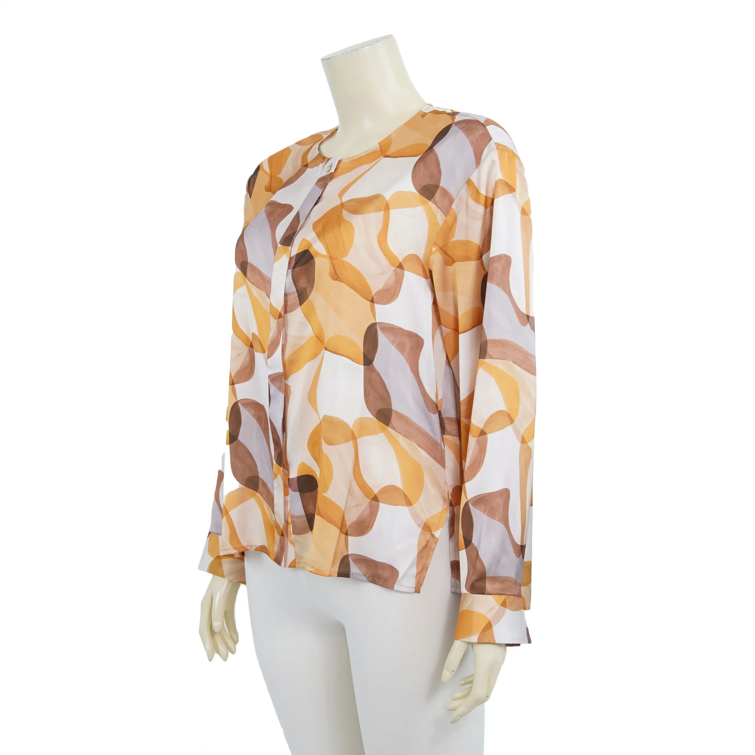 เสื้อคอกลม ผ่าหน้าทำสาบซ่อน แขนยาวทรงกระบอก ผ้าลายสไตล์แอบสแตรกต์ - Image 2