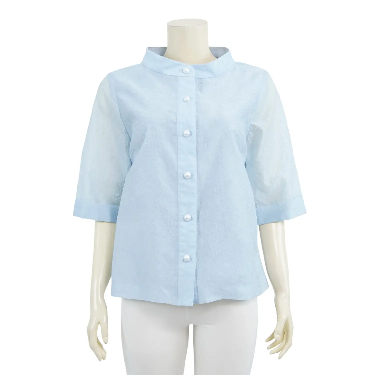 เสื้อคอตั้ง แขนกระบอกยาว 4 ส่วน ผ้าลายเส้นรูปดอกไม้