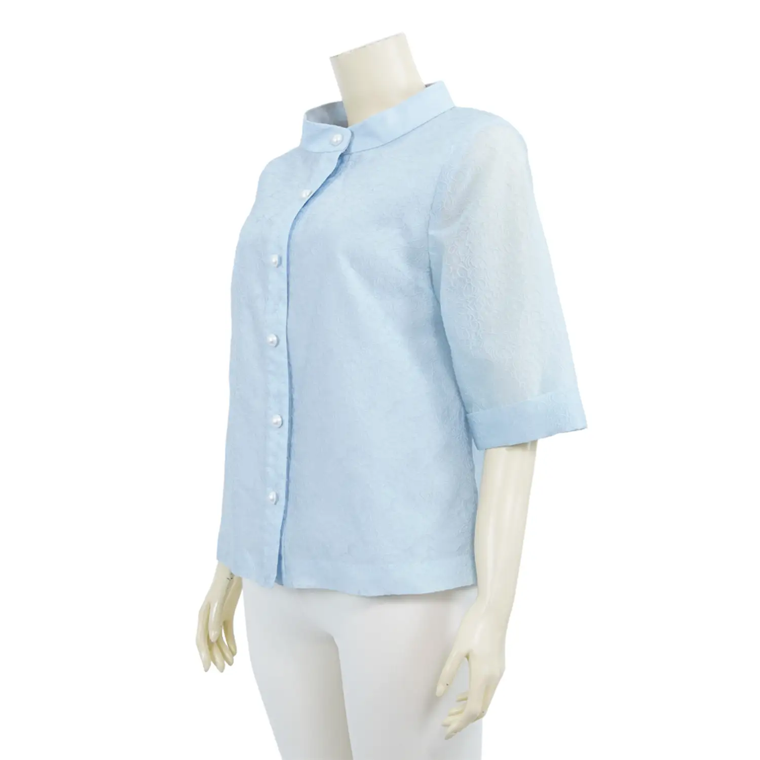 เสื้อคอตั้ง แขนกระบอกยาว 4 ส่วน ผ้าลายเส้นรูปดอกไม้ - Image 2