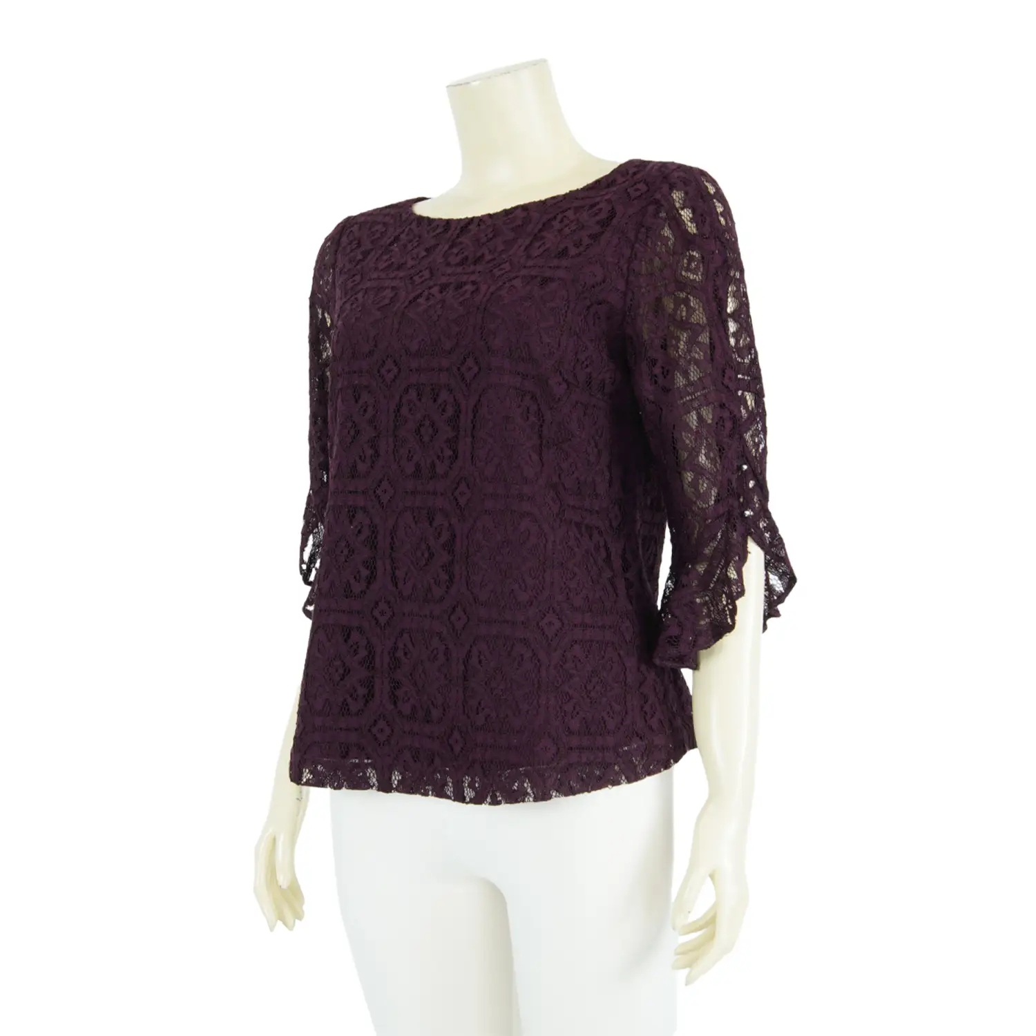 เสื้อคอกลม ปลายแขนระบาย 4 ส่วน ผ้าลูกไม้วาเลนเซีย ลายกรอบสี่เหลี่ยม - Image 2