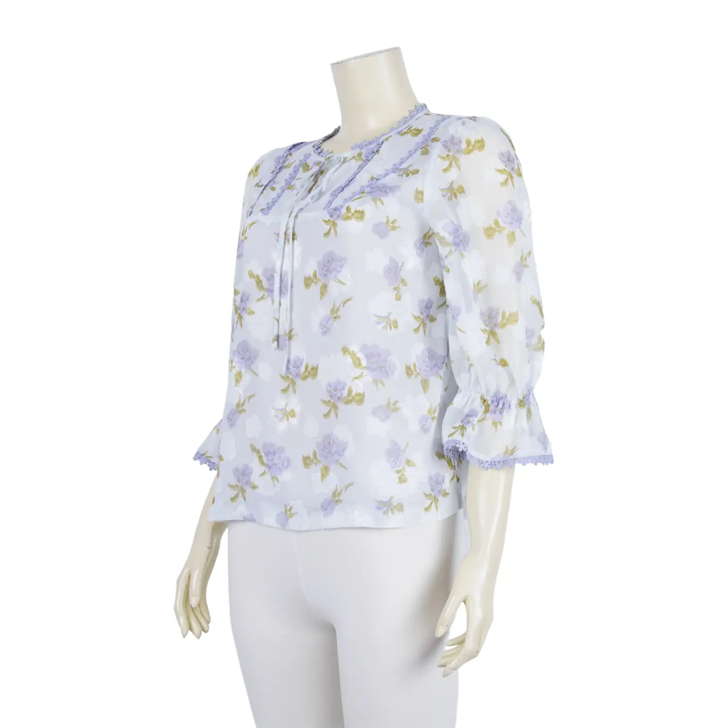 เสื้อคอกลม แขนพอง รูดปลายแขนกระดิ่ง ผ้าเบิร์นเอ้าท์ ลายดอกไม้ - Image 2