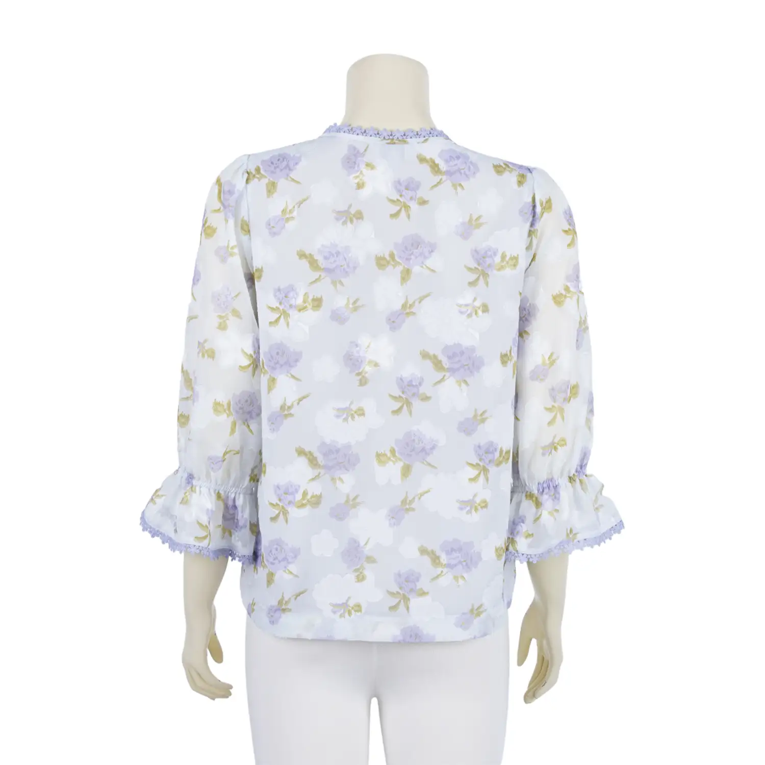 เสื้อคอกลม แขนพอง รูดปลายแขนกระดิ่ง ผ้าเบิร์นเอ้าท์ ลายดอกไม้ - Image 3