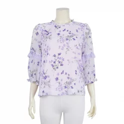 เสื้อคอตั้ง  แขนพองยาว 4 ส่วน  ผ้าชีฟองลายดอกไม้