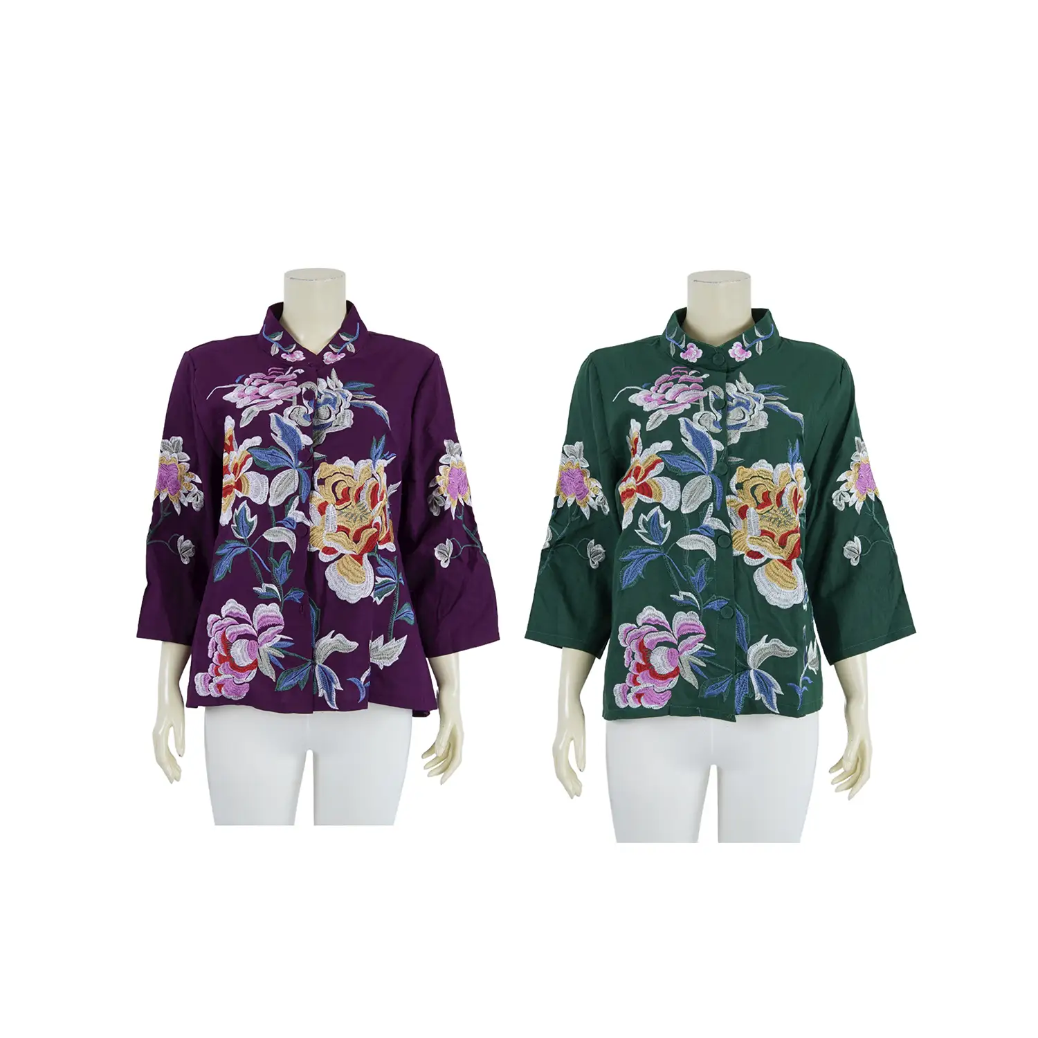 เสื้อคอจีนแขน 4 ส่วน ผ้าลินินปักลายดอกไม้