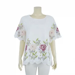เสื้อคอกลม แขนสั้น ผ้าคอตตอนฉลุแต่งลายปักรูปดอกไม้ - Image 2