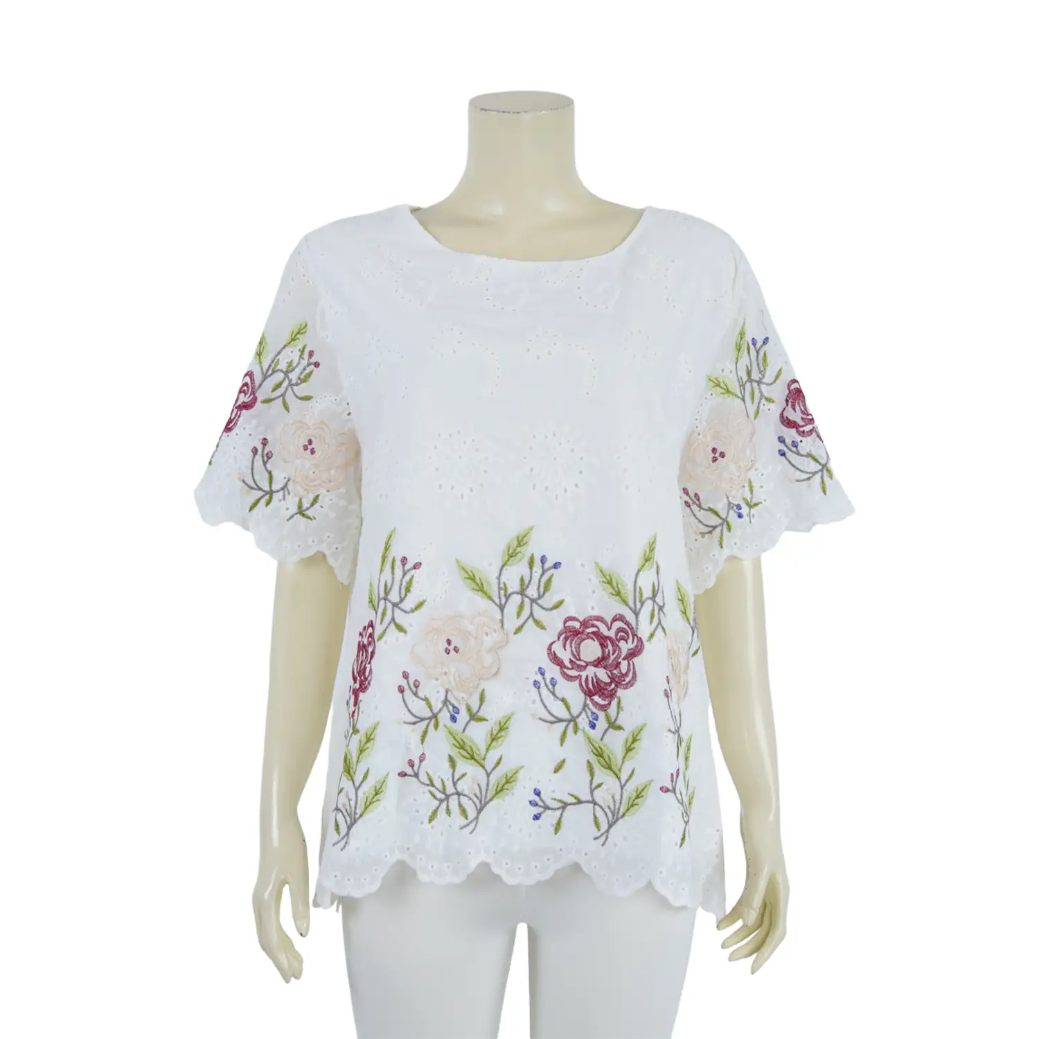 เสื้อคอกลม แขนสั้น ผ้าคอตตอนฉลุแต่งลายปักรูปดอกไม้ - Image 2