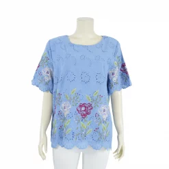 เสื้อคอกลม แขนสั้น ผ้าคอตตอนฉลุแต่งลายปักรูปดอกไม้ - Image 3