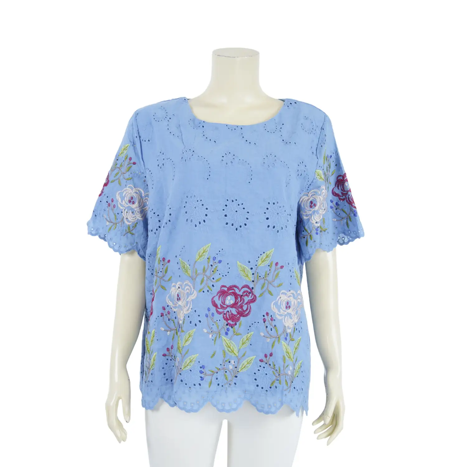 เสื้อคอกลม แขนสั้น ผ้าคอตตอนฉลุแต่งลายปักรูปดอกไม้ - Image 3