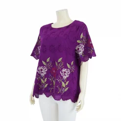 เสื้อคอกลม แขนสั้น ผ้าคอตตอนฉลุแต่งลายปักรูปดอกไม้ - Image 5