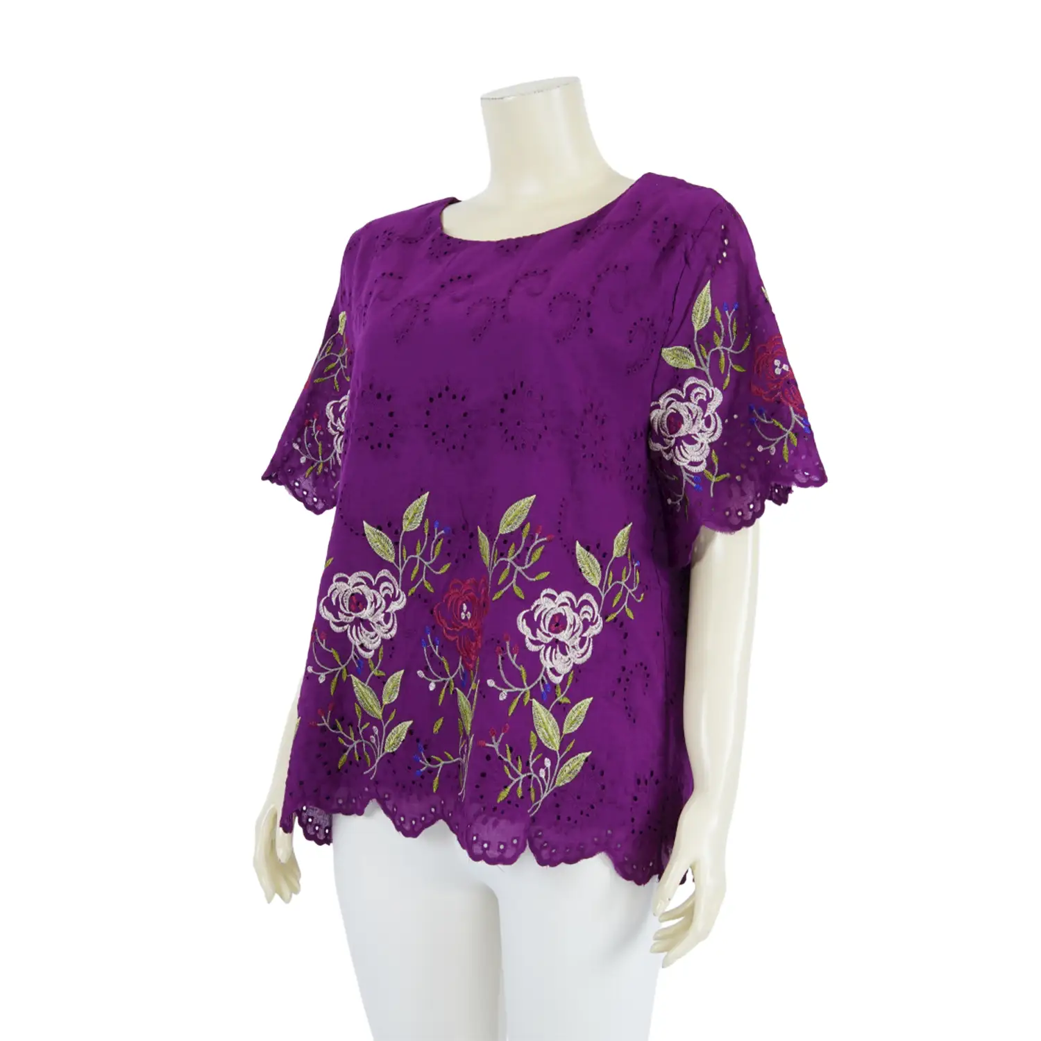 เสื้อคอกลม แขนสั้น ผ้าคอตตอนฉลุแต่งลายปักรูปดอกไม้ - Image 5
