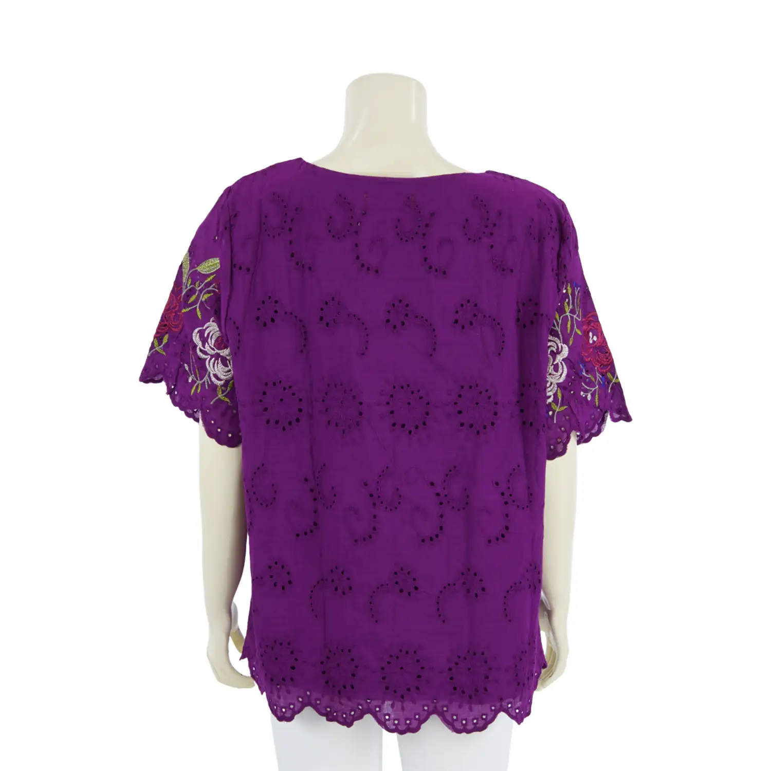 เสื้อคอกลม แขนสั้น ผ้าคอตตอนฉลุแต่งลายปักรูปดอกไม้ - Image 6