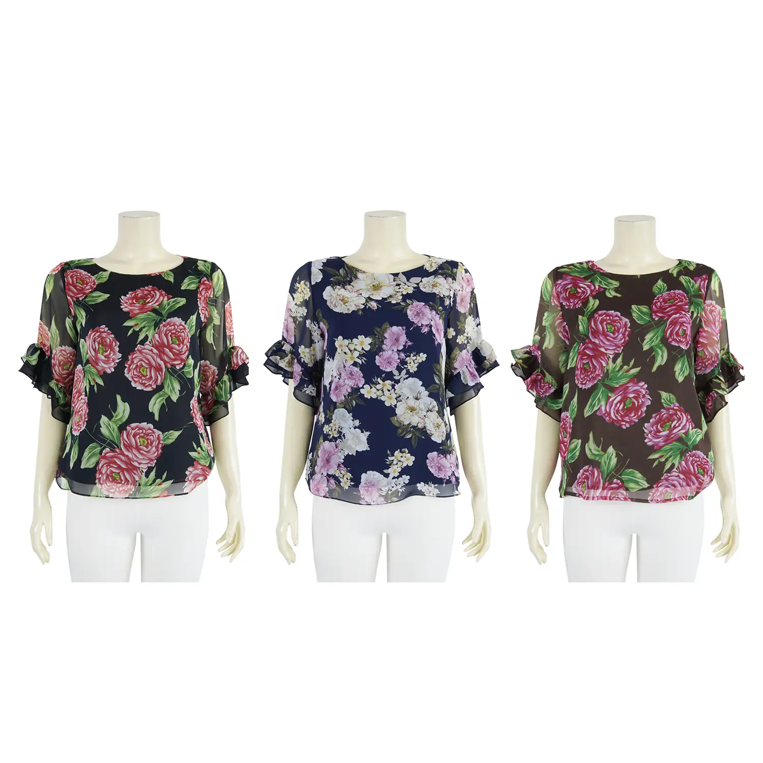 เสื้อคอปาด แขนสั้น ปลายแขนระบาย 2 ชั้น ผ้าชีฟองลายดอกไม้