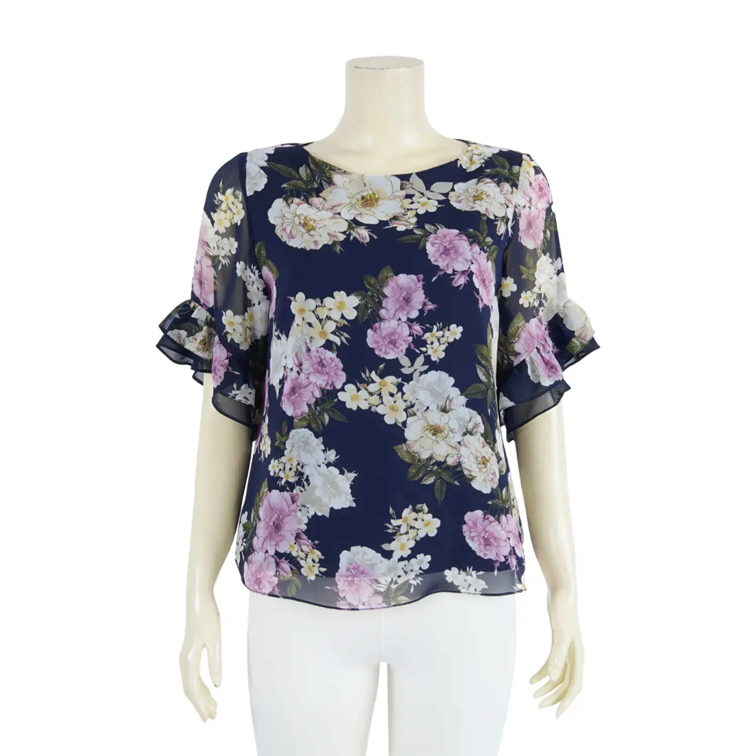 เสื้อคอปาด แขนสั้น ปลายแขนระบาย 2 ชั้น ผ้าชีฟองลายดอกไม้ - Image 3