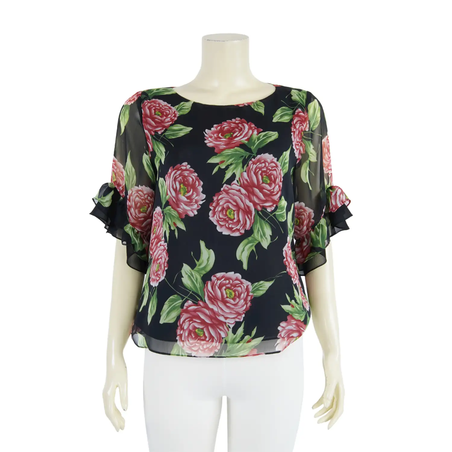 เสื้อคอปาด แขนสั้น ปลายแขนระบาย 2 ชั้น ผ้าชีฟองลายดอกไม้ - Image 2