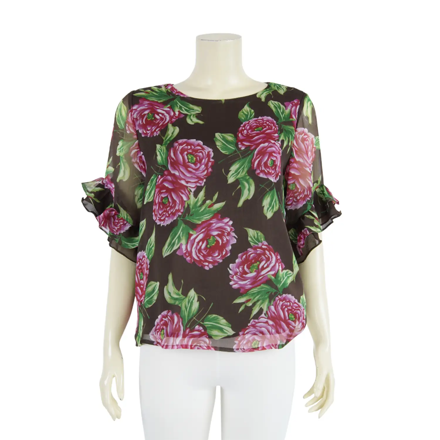 เสื้อคอปาด แขนสั้น ปลายแขนระบาย 2 ชั้น ผ้าชีฟองลายดอกไม้ - Image 4