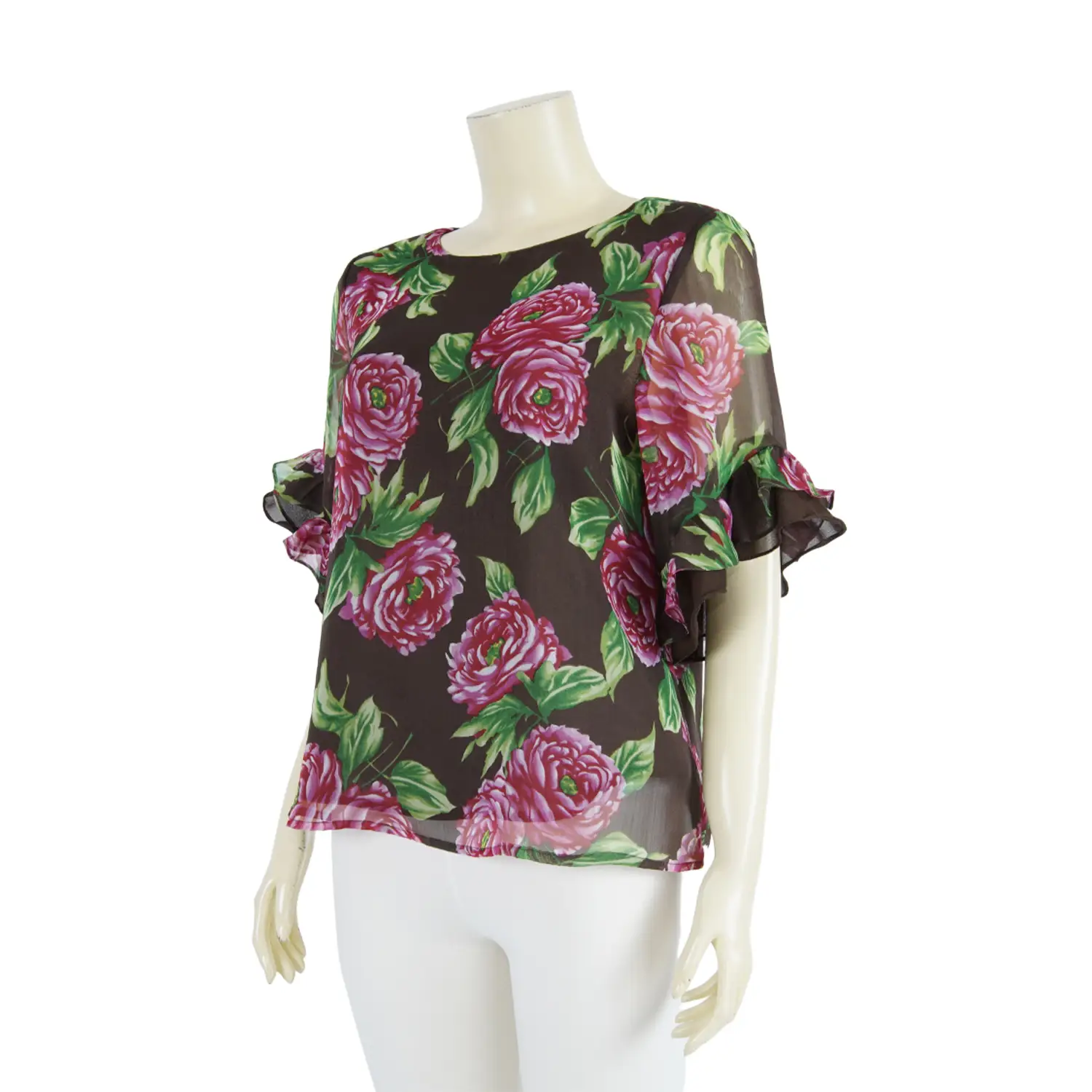 เสื้อคอปาด แขนสั้น ปลายแขนระบาย 2 ชั้น ผ้าชีฟองลายดอกไม้ - Image 5