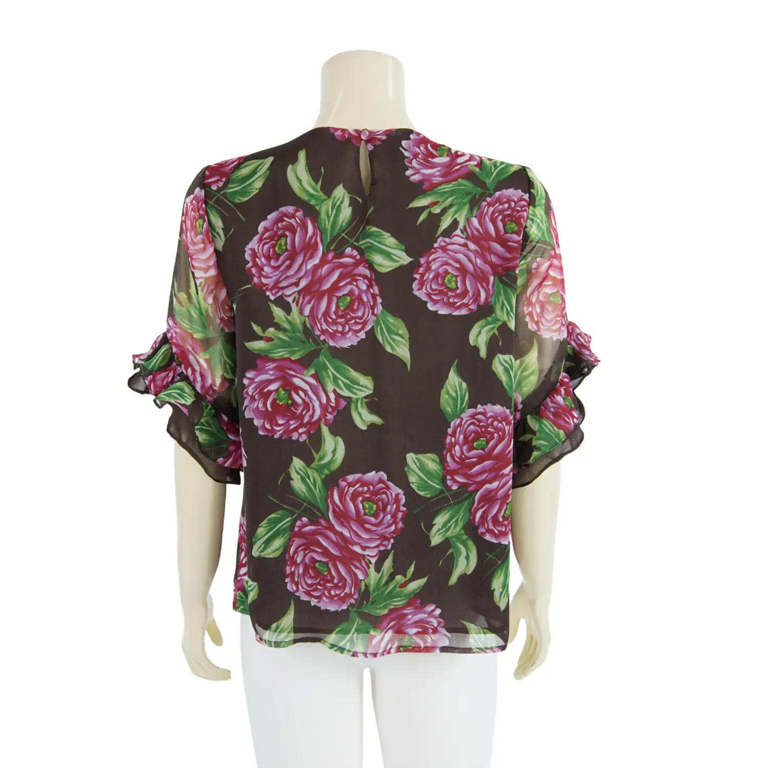 เสื้อคอปาด แขนสั้น ปลายแขนระบาย 2 ชั้น ผ้าชีฟองลายดอกไม้ - Image 6