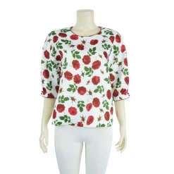 เสื้อคอกลม แขนพอง 4 ส่วน ทรงโอเวอร์ไซซ์ ไหล่ตก ผ้าแจ็คการ์ดลายดอกไม้ - Image 3