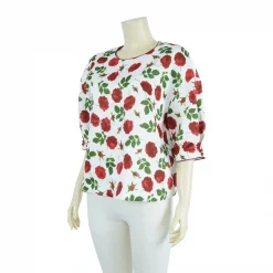 เสื้อคอกลม แขนพอง 4 ส่วน ทรงโอเวอร์ไซซ์ ไหล่ตก ผ้าแจ็คการ์ดลายดอกไม้ - Image 4