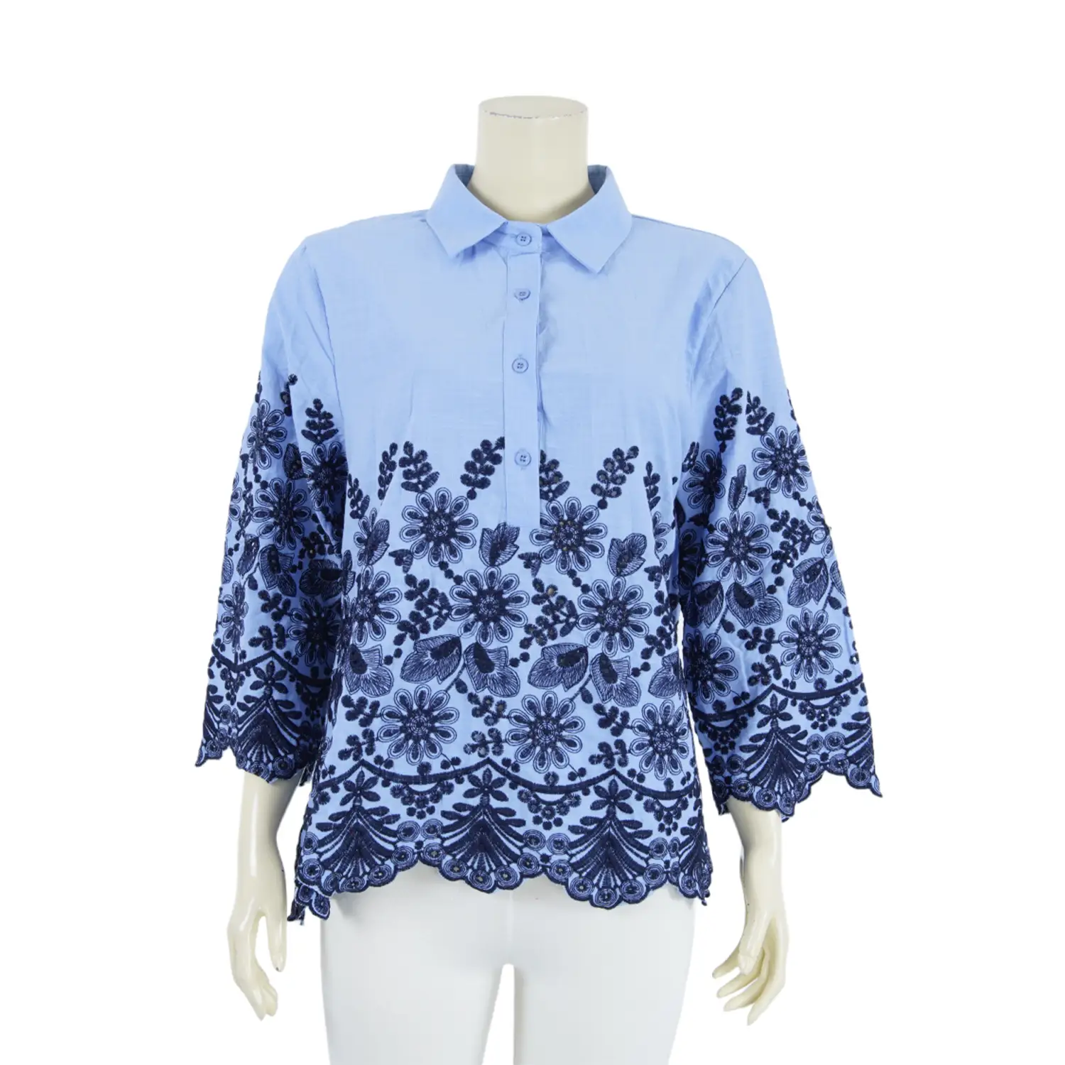 เสื้อคอปก แขน 4 ส่วน ผ้าลินิผสมคอตตอน ปักฉลุลาย - Image 2