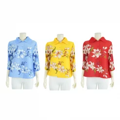 เสื้อคอปก แขน 3 ส่วน ผ้าอัดพลีทลายดอกไม้