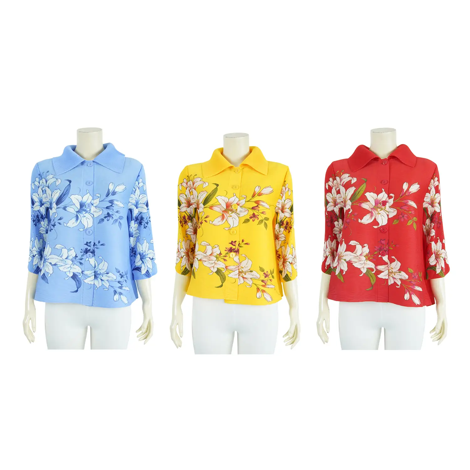 เสื้อคอปก แขน 3 ส่วน ผ้าอัดพลีทลายดอกไม้