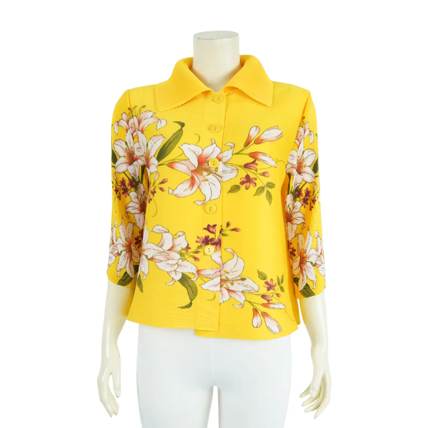 เสื้อคอปก แขน 3 ส่วน ผ้าอัดพลีทลายดอกไม้ - Image 2