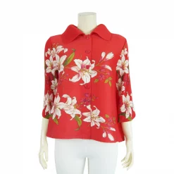 เสื้อคอปก แขน 3 ส่วน ผ้าอัดพลีทลายดอกไม้ - Image 4