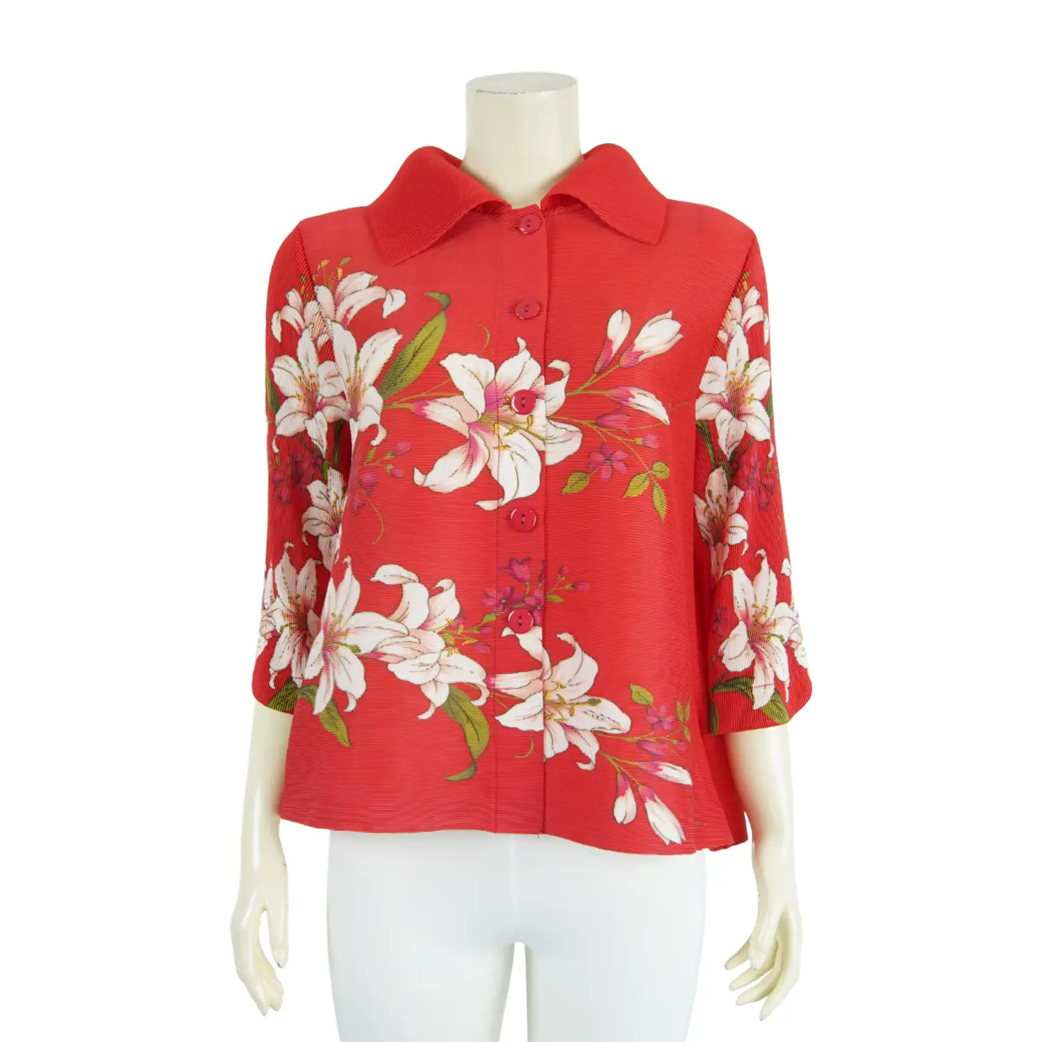 เสื้อคอปก แขน 3 ส่วน ผ้าอัดพลีทลายดอกไม้ - Image 4