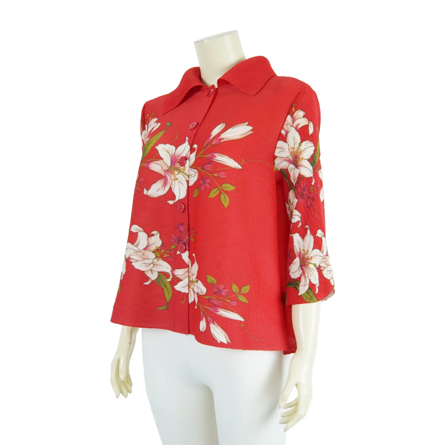 เสื้อคอปก แขน 3 ส่วน ผ้าอัดพลีทลายดอกไม้ - Image 5