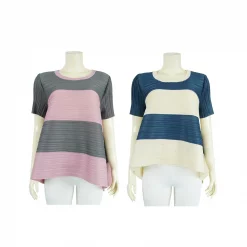 เสื้อคอกลม แขนสั้น ผ้าอัดพลีทลายขวาง