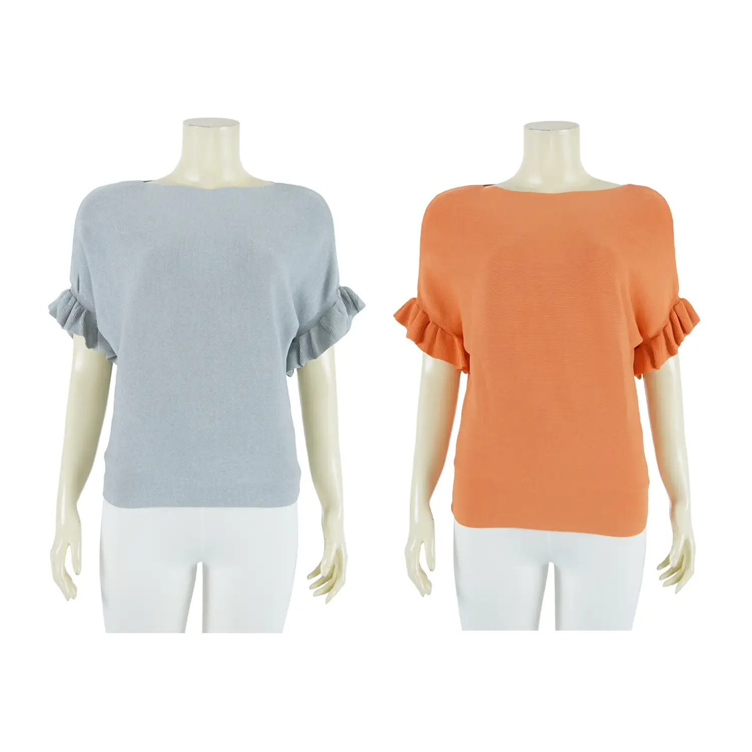 เซตเสื้อคอปาด แขนสั้น ทรงแขนค้างคาว ปลายแขนระบาย ผ้านิตติ้ง 2 ตัว