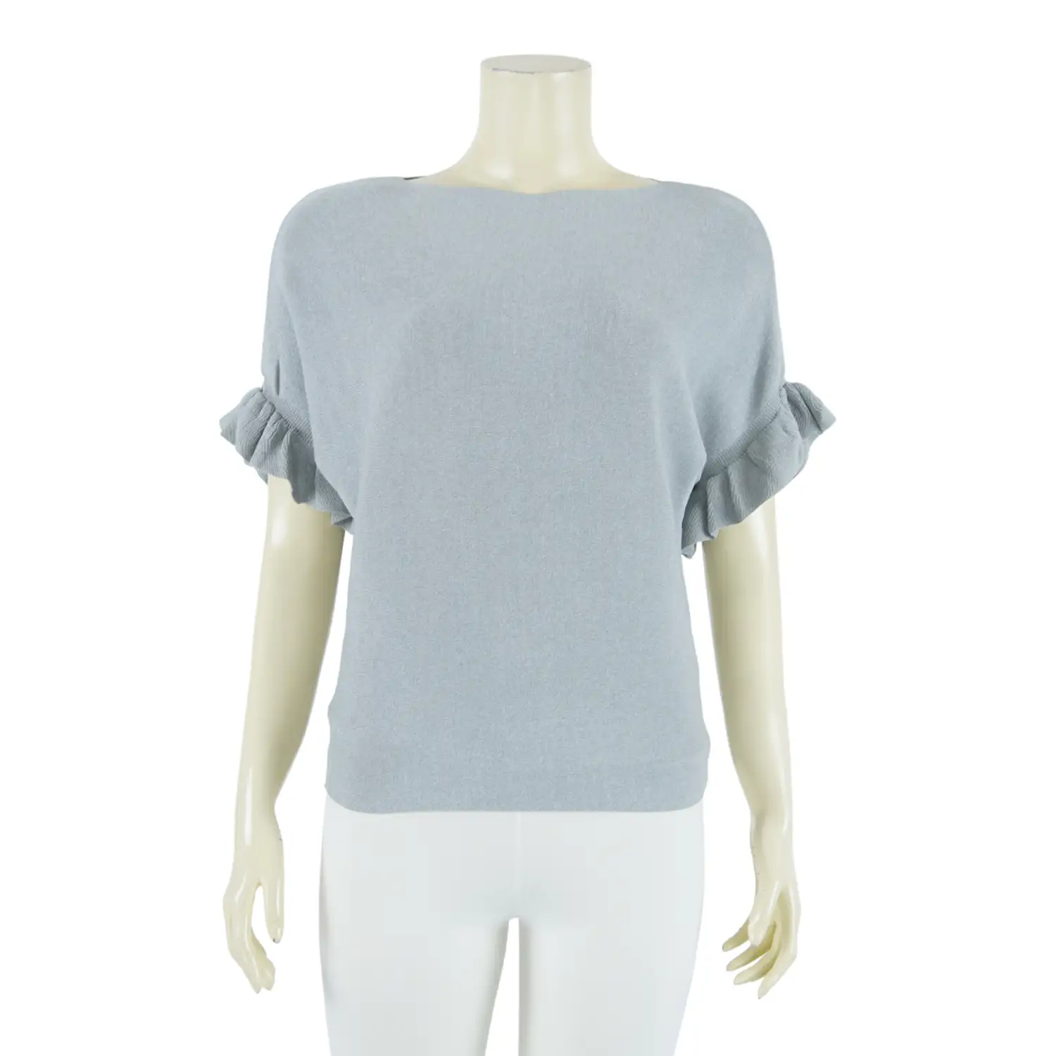 เซตเสื้อคอปาด แขนสั้น ทรงแขนค้างคาว ปลายแขนระบาย ผ้านิตติ้ง 2 ตัว - Image 2