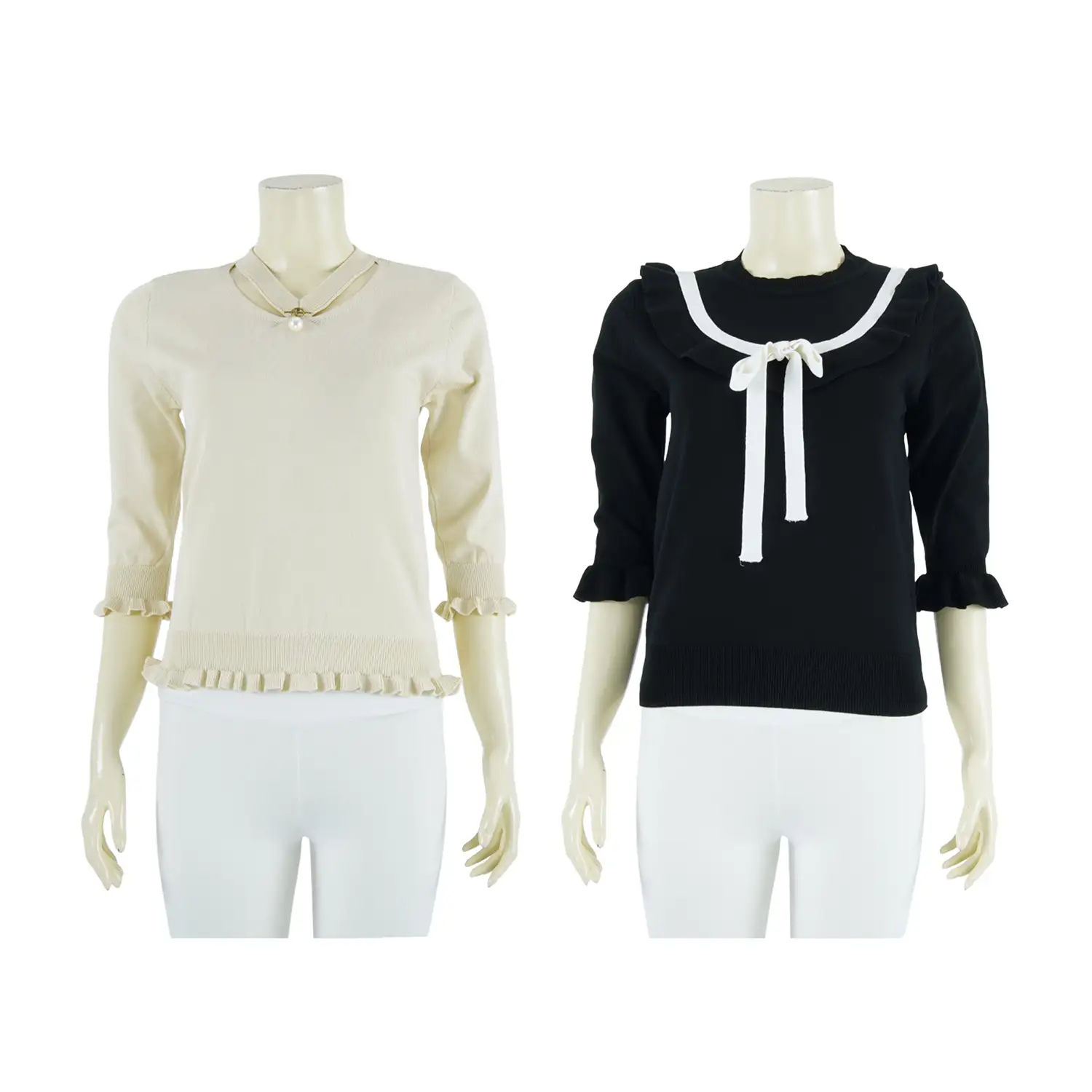 เซตเสื้อคอกลม และเสื้อคอวี แขนกระบอก 4 ส่วน ปลายแขนจั๊ม ผ้านิตติ้ง