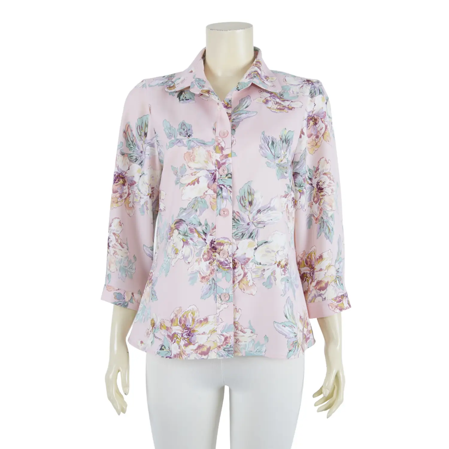 เสื้อเชิ้ต แขน 4 ส่วน สีชมพูลายดอกไม้